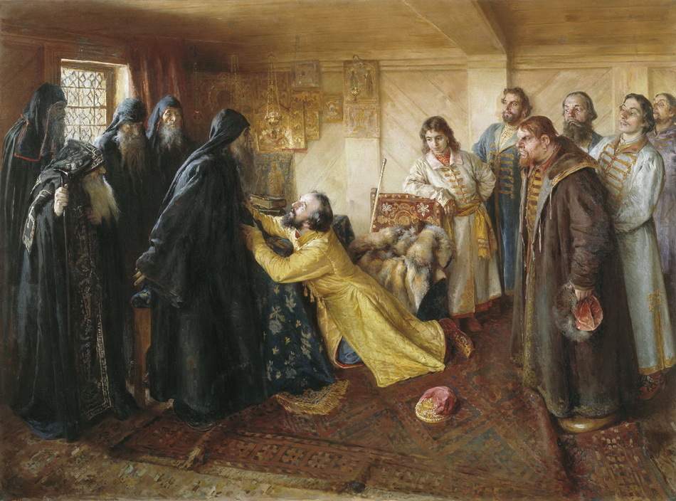 Царь Иван IV Грозный просит игумена Кирилла (Кирилло-Белозерского монастыря) благословить его в монахи