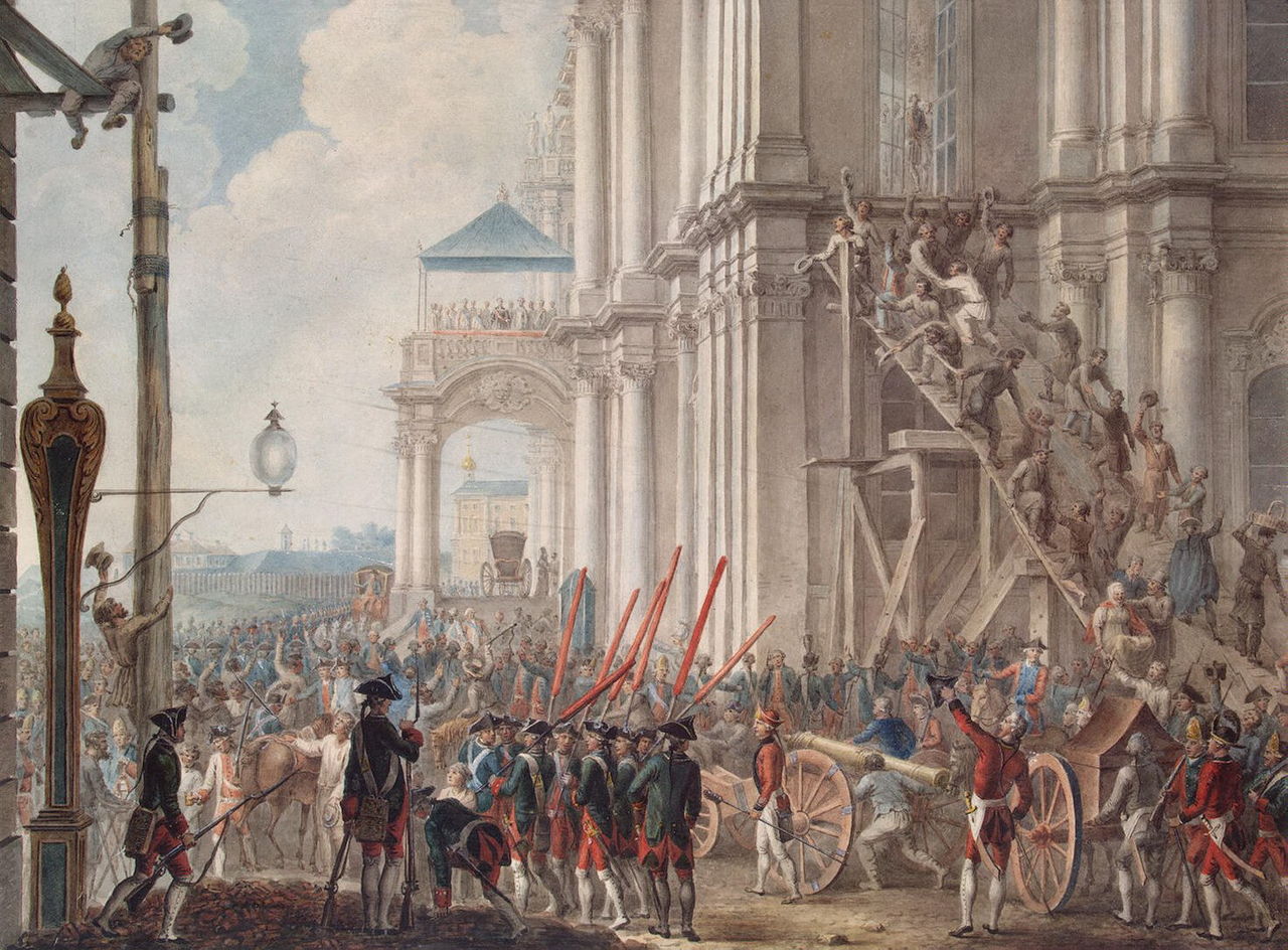 Екатерина II на балконе Зимнего дворца, приветствуемая гвардией и народом в день переворота 28 июня (9 июля) 1762 года
